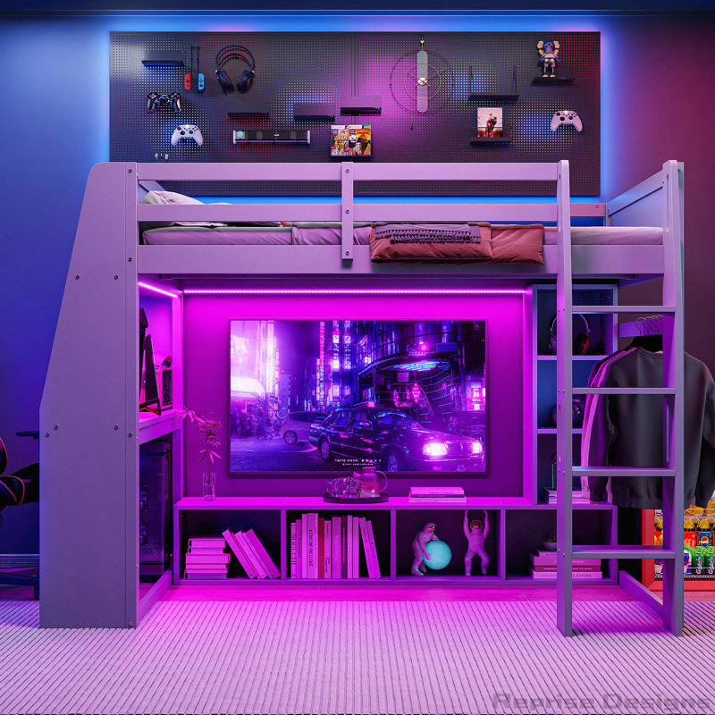 Wood Gaming Loft Bed with Desk, Multi-storage Shelves, LED and a Hanging Clothes Rack, Full