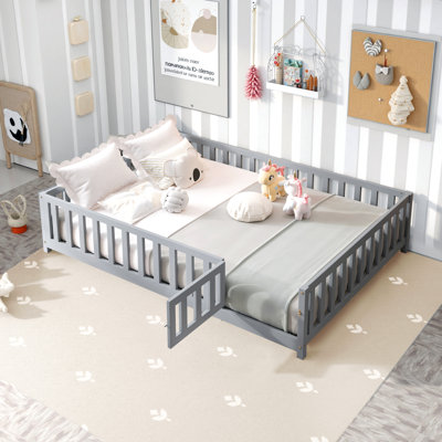 Full Size Floor Platform Bed with Fence and Door, Montessori Floor Bed Frame with Support Slats for Toddlers, Wooden Floor Bed