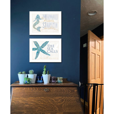 " 'S Starfish Wishes 2 - Framed Print Ready To Hang Multicolor Paper White Frame 19X31 Inches " Decorative Artwork 19.43X30.99