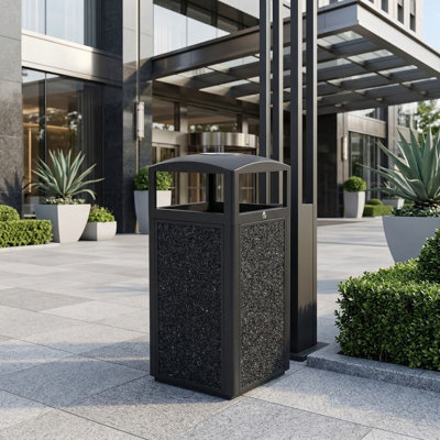 40 Gallon Commercial Outdoor Waste Receptacle With Ashtray, Locking Lid, Galvanized Steel Liner & Stone Panel Design