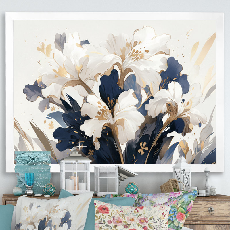 " Gold White Iris Impressions Flower ", 30" H x 40" W x 1" D, White Single Picture Framed