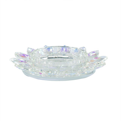 D6" Glass Lotus Flower Pillar Candle Holder With Shimmering Iridescent Finish