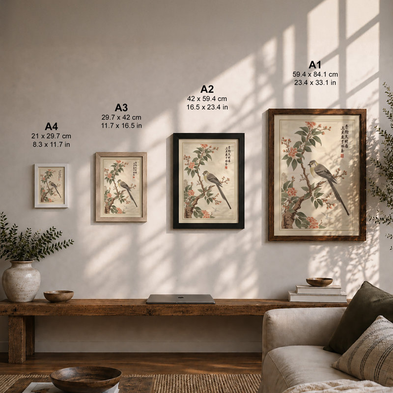Bird Among Blossoms Japandi - Framed Print, A3 - 42.0 x 29.7 cm, Black