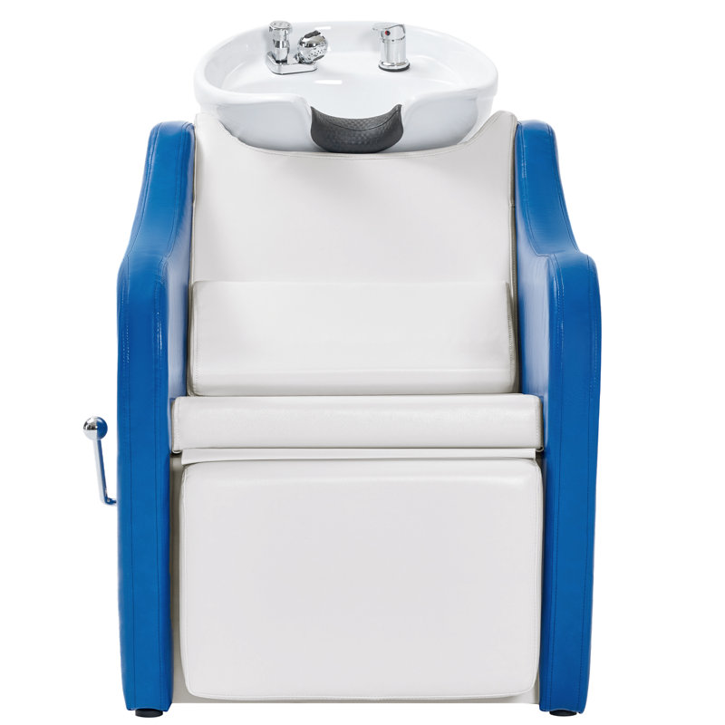 Shampoo Barber Backwash Chair Extended, Ceramic Shampoo Bowl Sink Chair, Blue/White Faux Leather