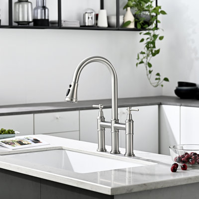 Kitchen Sink 3 Hole Faucet With Pull-Down , Brushed Nickel, 2 Handles, Filter Function