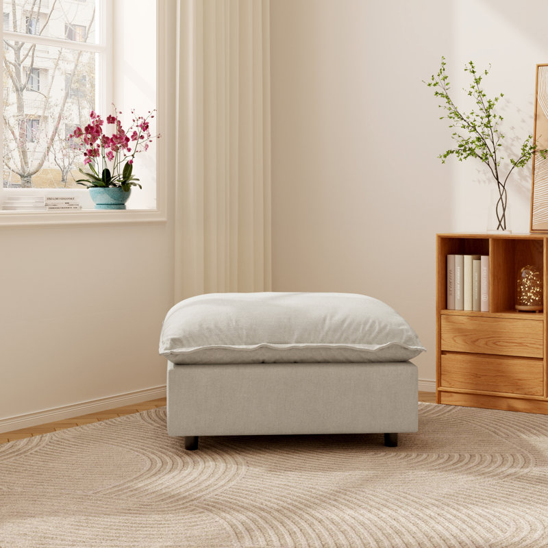Upholstered Modern Linen Fabric Ottoman, Beige