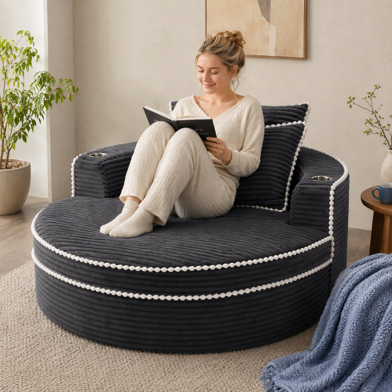 Fauteuil demi-tonneau rond rembourré avec mousse à mémoire de forme, fauteuil simple surdimensionné pour le salon, Gris