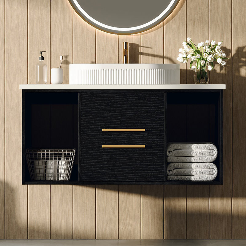 Meuble-lavabo flottant 39,4 po Spa-Inspired avec lavabo ovale en céramique, tiroirs à fermeture en douceur et rangement réglable pour salles de bain luxueuses