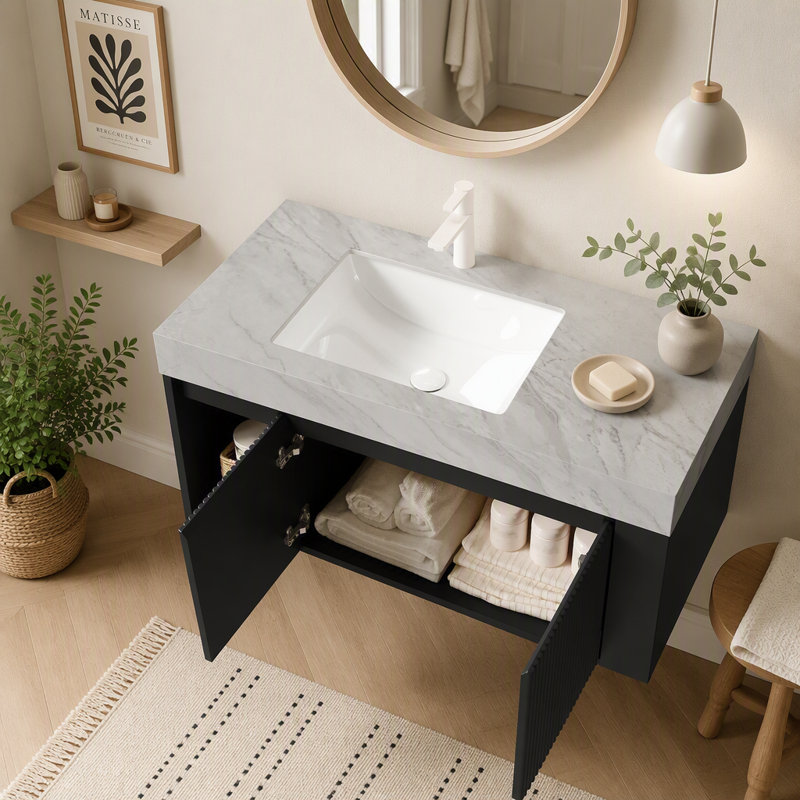 Meuble-lavabo mural flottant 36 po avec lavabo 36 po, noir pour rangement de salle de bain, Black, 36", Gris clair
