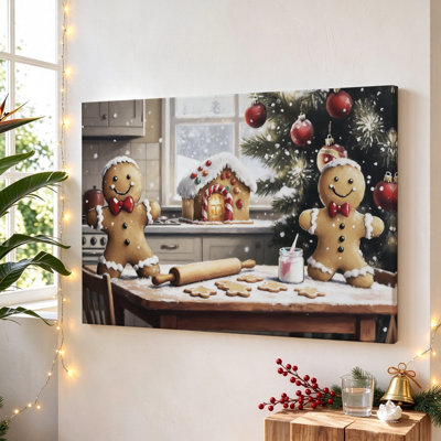 Gingerbread Men Baking, Black Framed Canvas Wall Art, 16" x 24", Modern Wall Decor for Living Room and Bedroom