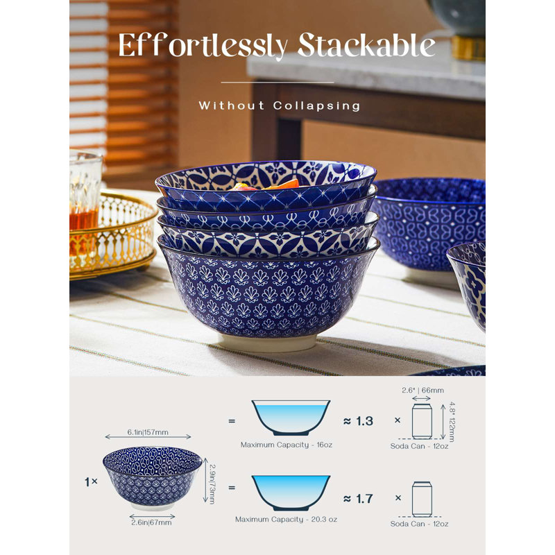  6" Japanese Style Bowl Set - 6-Piece Blue Pattern Porcelain