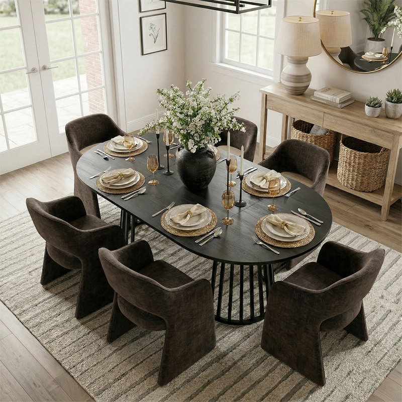 Ensemble de table de salle à manger pour 6 personnes avec table extensible et 6 chaises rembourrées en tissu, Marron foncé