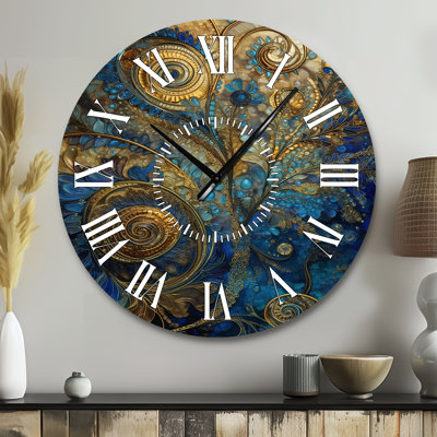 Blue And Gold Melodies Of Boho II - Boho Feather White Face Wall Clock