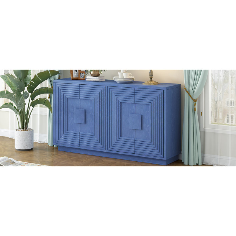Buffet bleu marine avec tablettes réglables pour espaces fonctionnels, détails géométriques, détails décoratifs