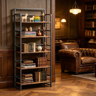 Folding Bookcase, 5 Tiers Vintage Storage Shelves Standing Bookshelf For Home Office, No Assembly