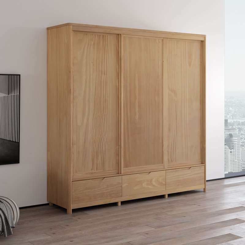 Armoire coulissante en bois massif 3 portes Nest, armoire large de 87 pouces avec deux tringles, tablettes et tiroirs