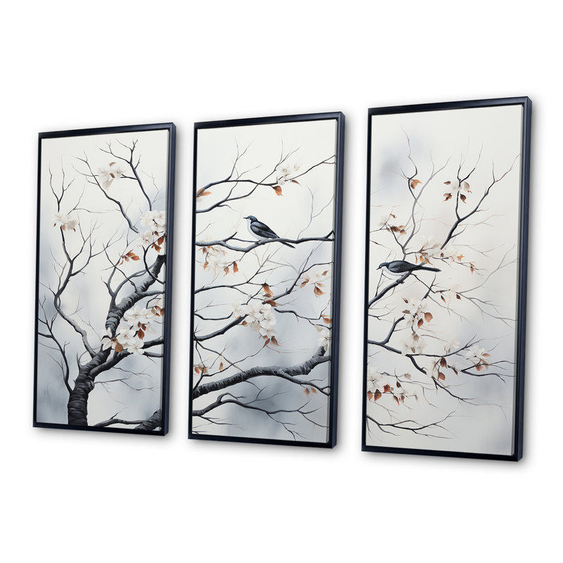Gris gris, printemps, arbres, oiseaux, art mural, H 28 po x l 36 po x P 1 po, Cadre flottant noir