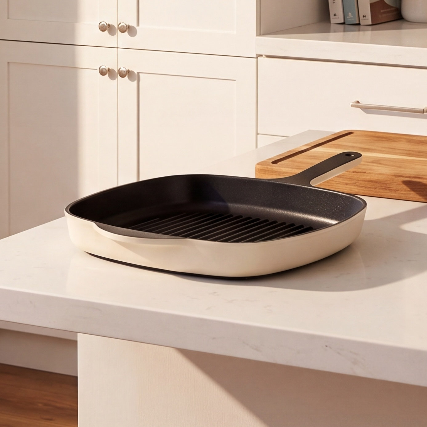 10.5" Enameled Cast Iron Grill Pan, Cream