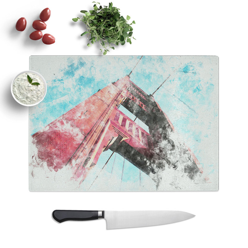 Tempered Glass View of the Golden Gate Bridge in San Francisco Watercolour Chopping Board, 28.5 cm x 39 cm