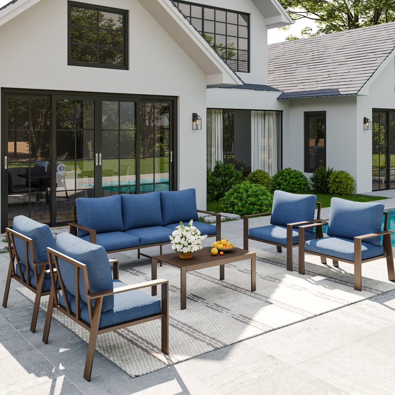  7-Person Outdoor Patio Furniture Set – Rust-Resistant Aluminum Frame, Deep Seating Weatherproof Cushions, No, Navy
