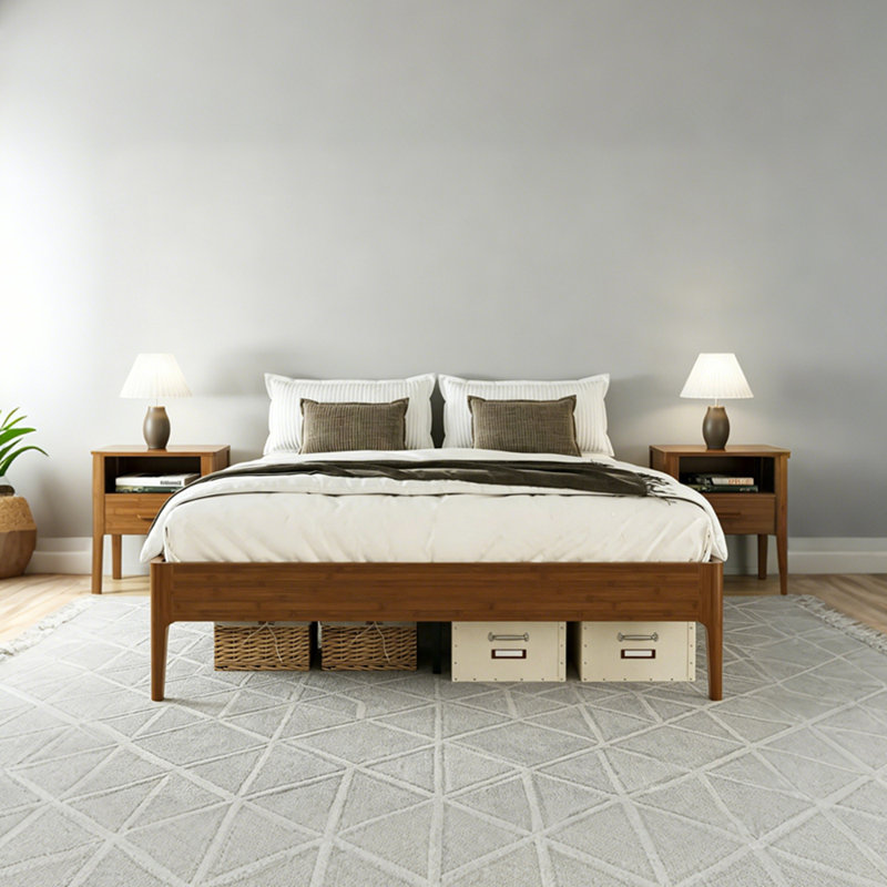 15 Inch High Queen Size Solid Dry Bamboo Wood Platform Bed Frame, with Wood Slat Metal Support, Modern & Minimalist Style, No Box Spring Needed, Easy Assembly
