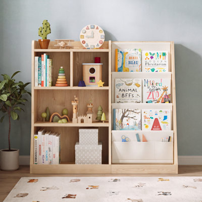 Solid Pine Wood Kids Bookshelf, 2-in-1 Toy Storage Organizer with 3-Tier Sling Book Rack & Open Shelves, Modern Nursery Bookcase for Playroom, Bedroom