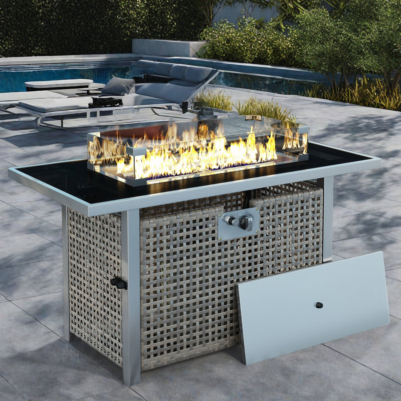 Propane Gas Fire Pit Table With Glass Wind Guard And An Open Basket-wave Patterned Wicker, Gray