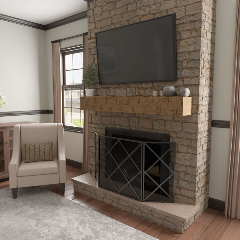 Reclaimed Axed Cut Heritage Timber Faux Wood Fireplace Mantel, Warm Caramel, 7.5" H x 90" W x 9.5" D