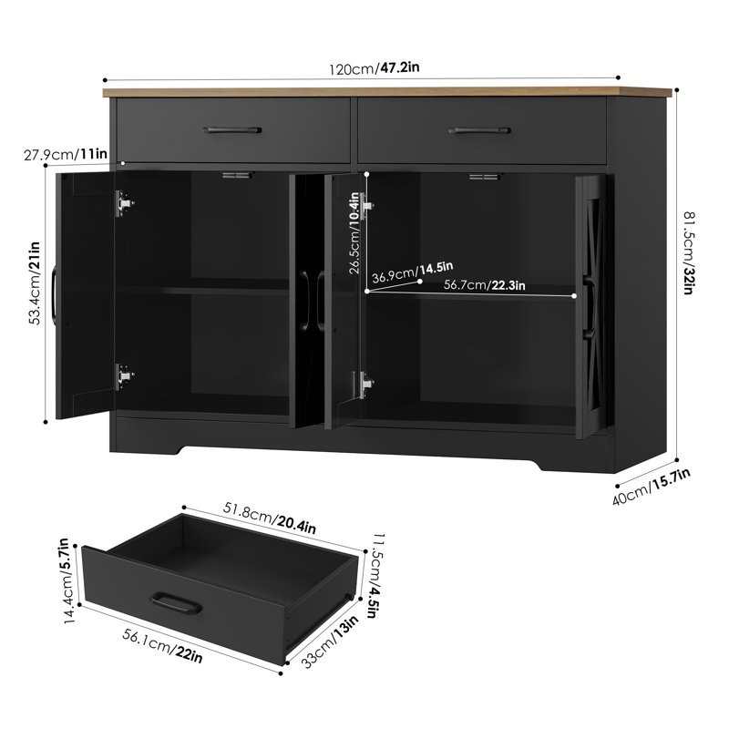 Buffet 4 portes avec tiroirs Daryosh, Noir / brun