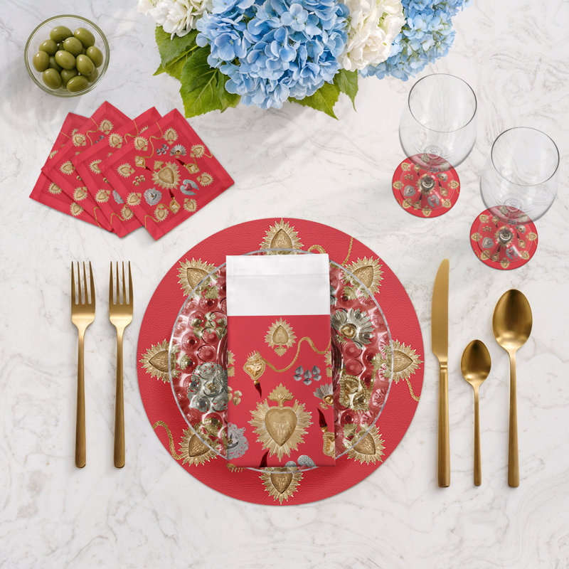 Ex Vote Sacred Hearts Cotton Sateen Dinner Napkins, Crimson