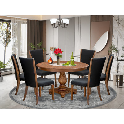 7 Piece Dining Table Set for 6 Includes a 54" Round Table with Pedestal and 6 Black Linen Fabric Parson Chairs, Antique Walnut