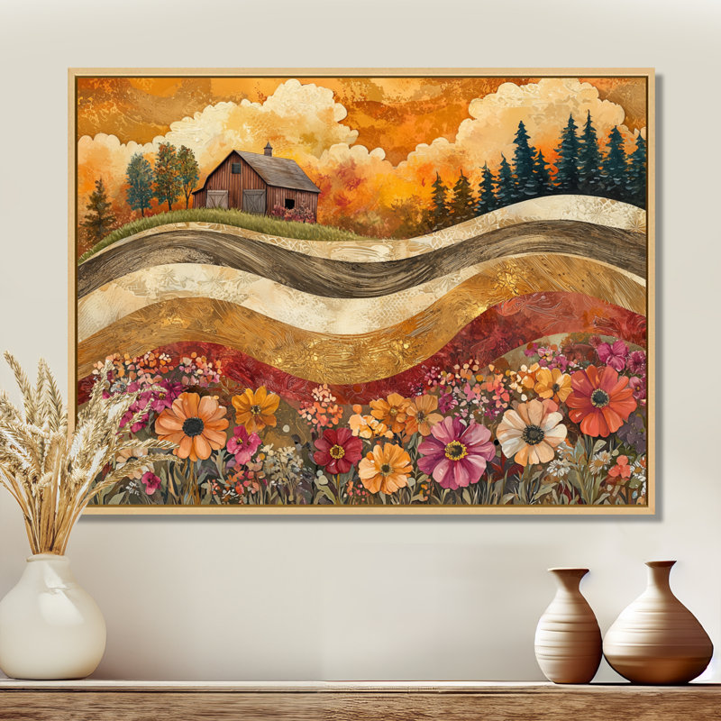 Assortiment de bouquets de fleurs, paysage de grange III - campagne, art mural, Cadre flottant, Crème, crème