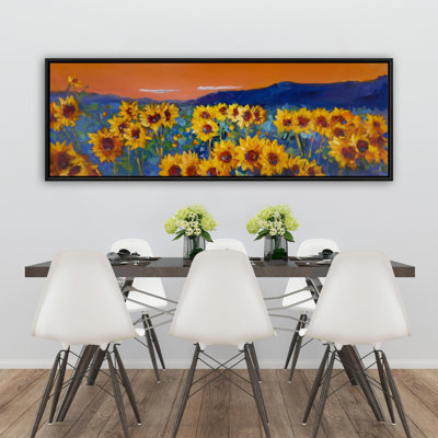 Tournesols par aube - Toile avec cadre jaune romantique | Décoration intérieure