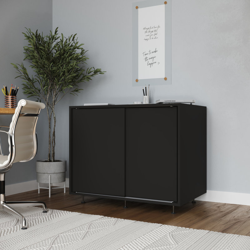 2-Door Sliding Chest Black Cabinet SIDEBOARD Closet Storage Cupboard Organiser w/ Feet, Black