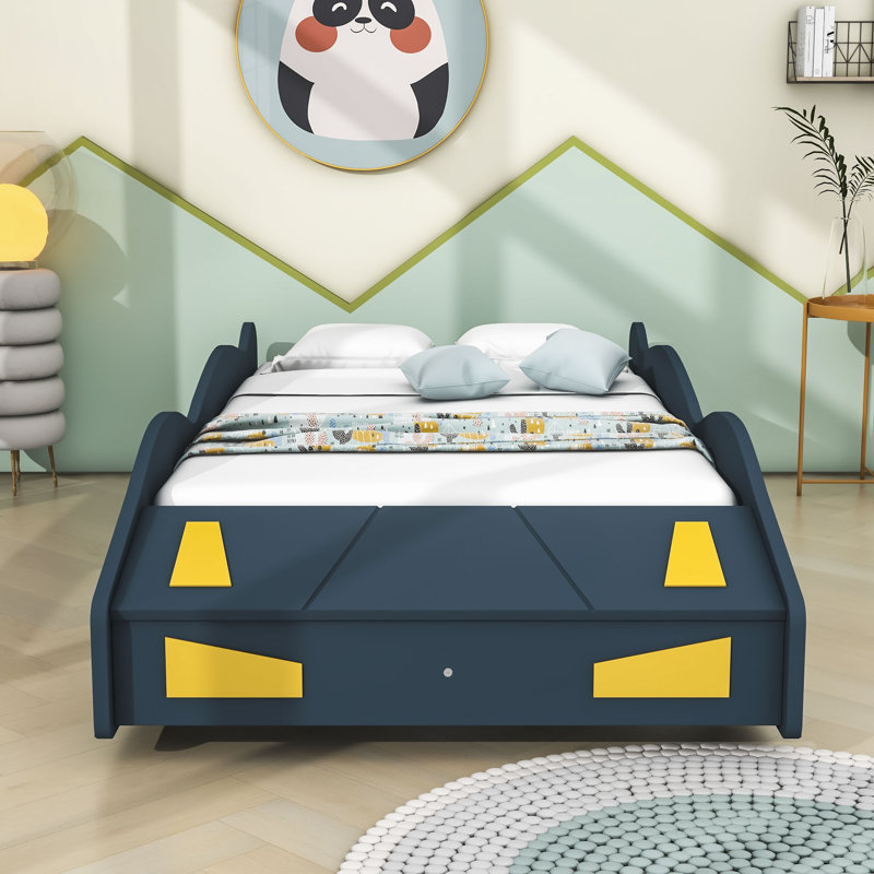 Lit plateforme en bois avec roulettes et espace de rangement Advaith, Bleu foncé / Jaune