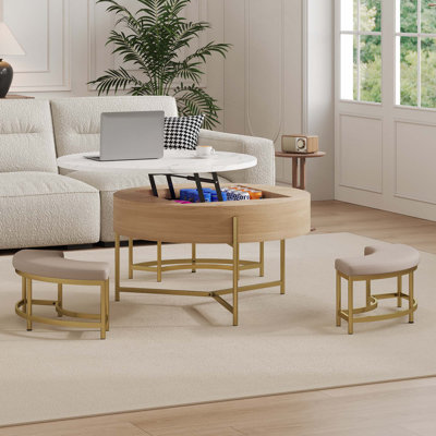 Table basse à plateau relevable moderne avec rangement et 3 repose-pieds