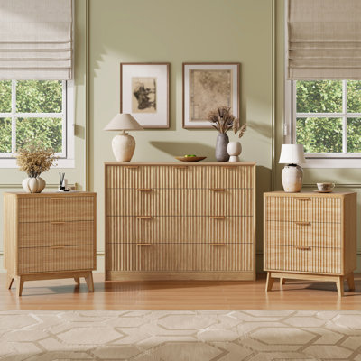 Ensemble commode et table de chevet, ensemble commode 6 tiroirs et table de chevet 2 pièces (3 tiroirs), mobilier de chambre, commode cannelée, fini bois naturel