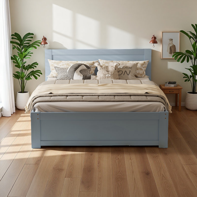 Lit plateforme double avec tiroir et deux tablettes, Gris