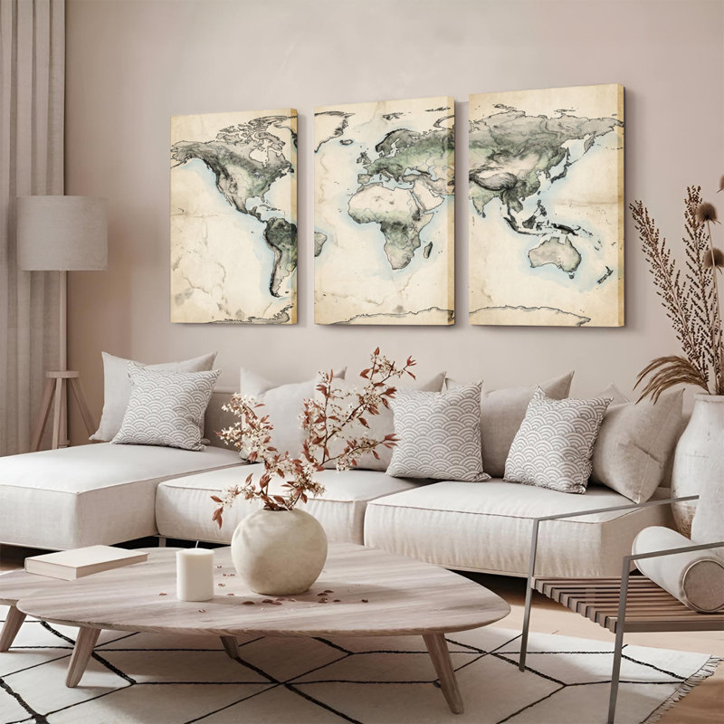 Ensemble de 3 tableaux muraux vintage sur toile représentant une carte du monde, H 30 po x l 60 po