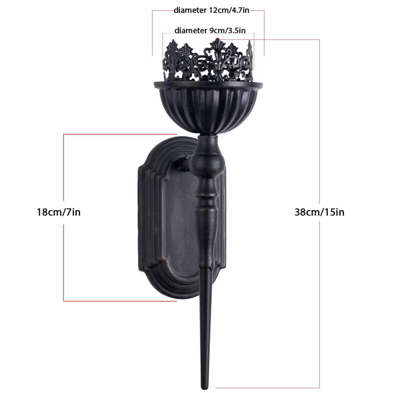 Black Iron and Wood Crown Design Wall Sconce Candle Holders, Set of 2
