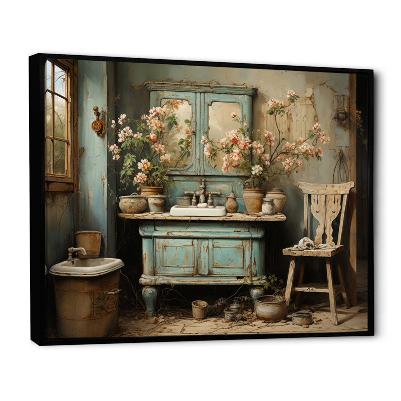 «Bathroom Bathroom Vintage Charm I» - Art mural encadré pour salle de bain, H 24 po x l 32 po x P 1 po, Cadre flottant noir