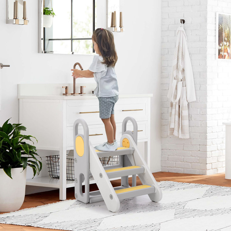 Escabeau pliant pour enfants à 3 marches avec poignées de sécurité - Tour de cuisson réglable et antidérapante pour tout-petits - Salle de bain, chevet, entrainement à la propreté - Se convertit en 2 ou 3 marches - PEHD jaune des États-Unis (Modèle: LZW2023-601)