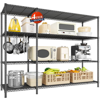 52.4" W Heavy-Duty Metal Shelving Unit with Wheels, Adjustable Wire Garage Shelves, L-Shape & Straight Configurations for Basement, Pantry, Kitchen, Garage,Black