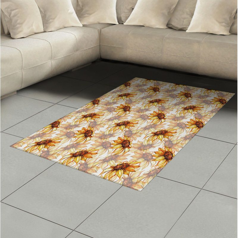 Yellow Flower High Density Long Fiber Poly Threads Decorative Area Rug Carpet, Rectangle 4' x 5'8"
