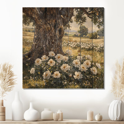 Peonies Near The Old Oak Tree II - Peonies Wood Print - On Natural Pine Wood