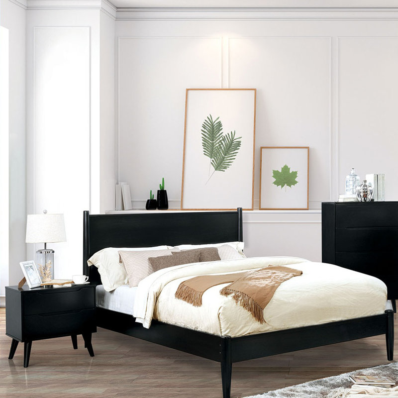 Ensemble de 3 pièces comprenant un lit en bois, 2 tables de chevet et un lit plateforme de style moderne du milieu du siècle.