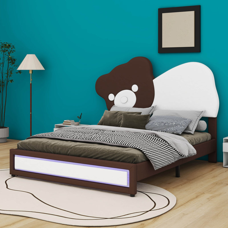Lit plateforme tapissier avec tête de lit en forme d'ours, bandes lumineuses à DEL, Double