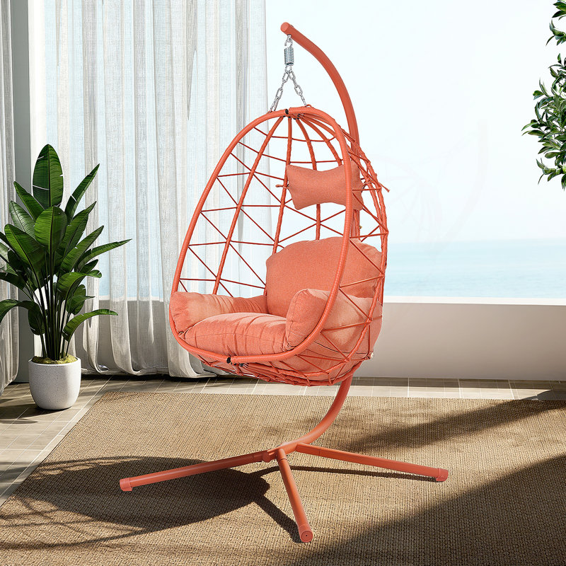 Fauteuil suspendu suspendu en osier avec support et coussin lavable pour patio, Rouge, Rouge