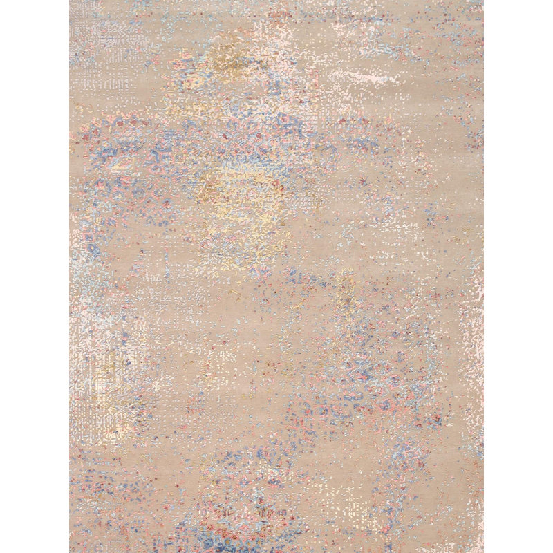 Hand Knotted Abstract Area Rug in Beige/Blue/Pink, Rectangle 9' x 12'