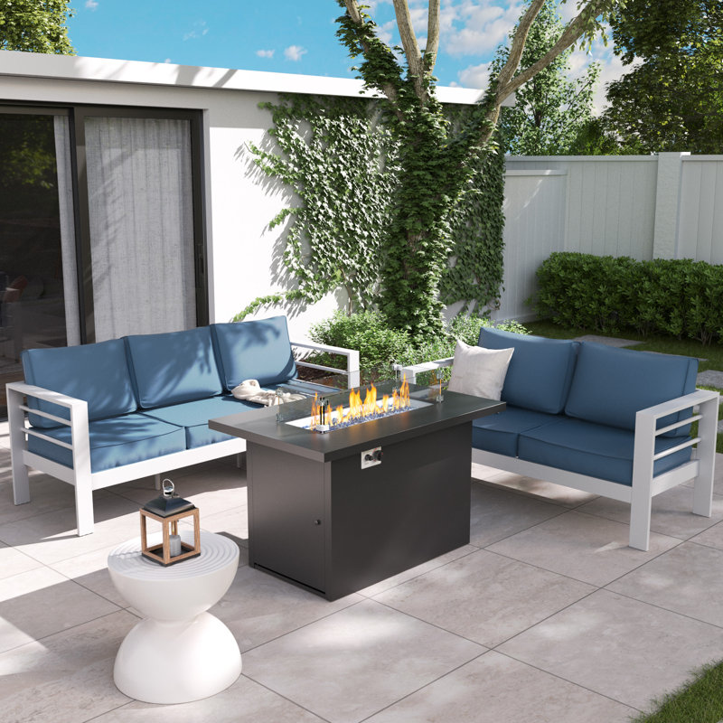 5-Person Sofa Seating Group With Fire Pit Table, Blue, White